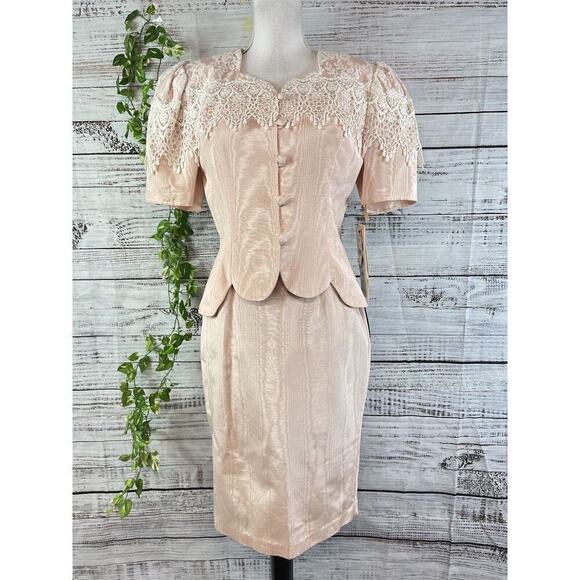 Vintage Scott McClintock Skirt Suit size 8 Pink Taffeta Lace 80's Wedding Prom - Picture 2 of 16